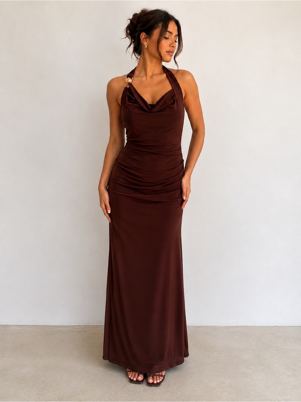 Chocolate Brown Ruched Halter Maxi Dress Size S NWT